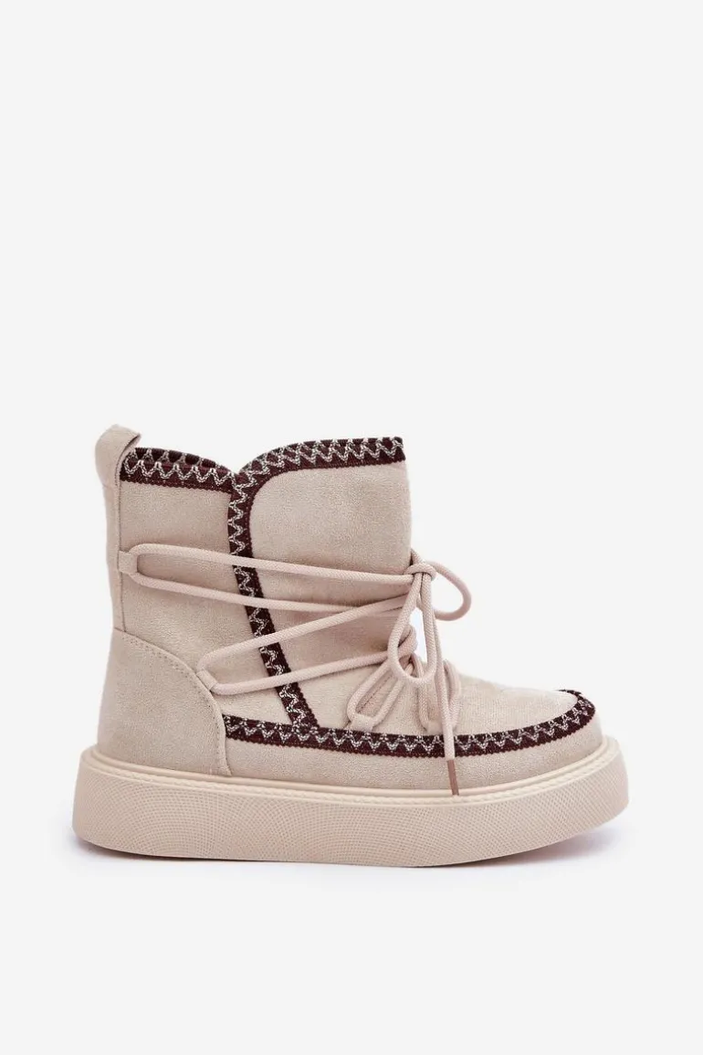 Śniegowce Damskie Z Haftem Na Platformie Jasnobeżowe Naleris