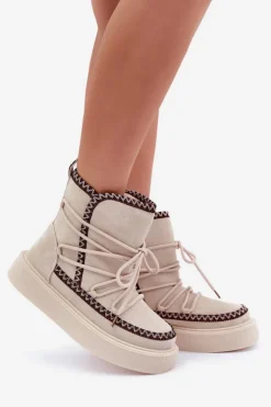Śniegowce Damskie Z Haftem Na Platformie Jasnobeżowe Naleris