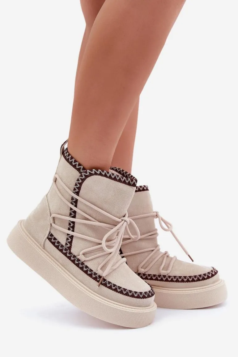 Śniegowce Damskie Z Haftem Na Platformie Jasnobeżowe Naleris