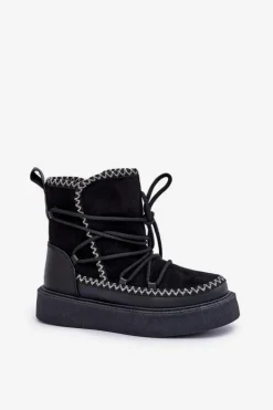 Śniegowce Damskie Z Haftem Na Platformie Czarne Naleris