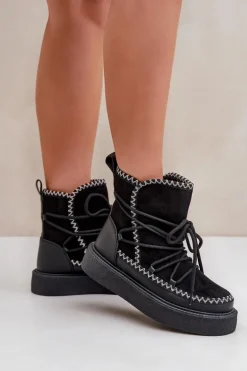 Śniegowce Damskie Z Haftem Na Platformie Czarne Naleris