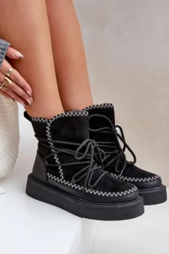 Śniegowce Damskie Z Haftem Na Platformie Czarne Naleris