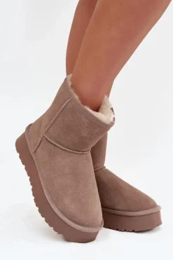 Śniegowce Damskie Z Naturalnego Zamszu Na Platformie Beżowe Privine