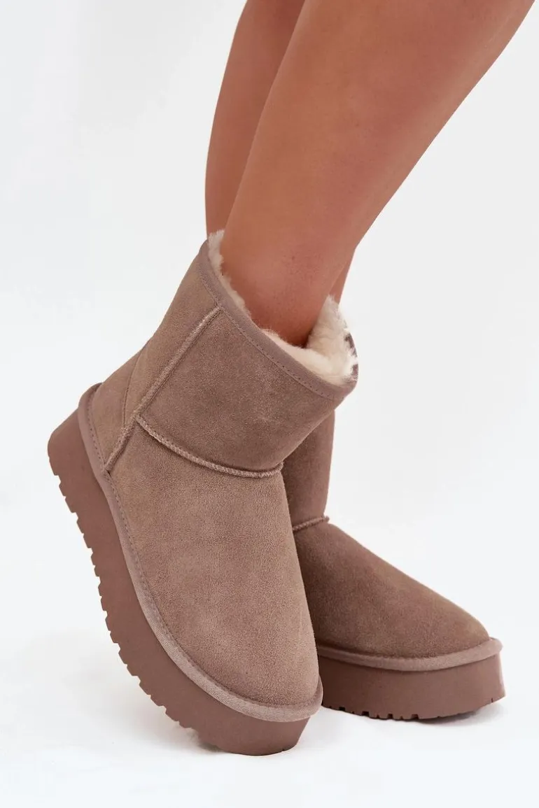 Śniegowce Damskie Z Naturalnego Zamszu Na Platformie Beżowe Privine