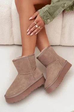 Śniegowce Damskie Z Naturalnego Zamszu Na Platformie Beżowe Privine