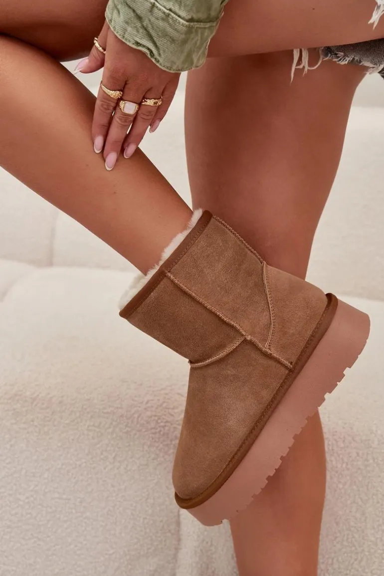 Śniegowce Damskie Z Naturalnego Zamszu Na Platformie Camel Privine
