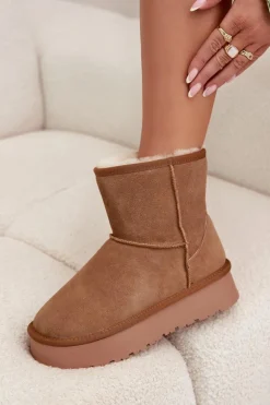 Śniegowce Damskie Z Naturalnego Zamszu Na Platformie Camel Privine