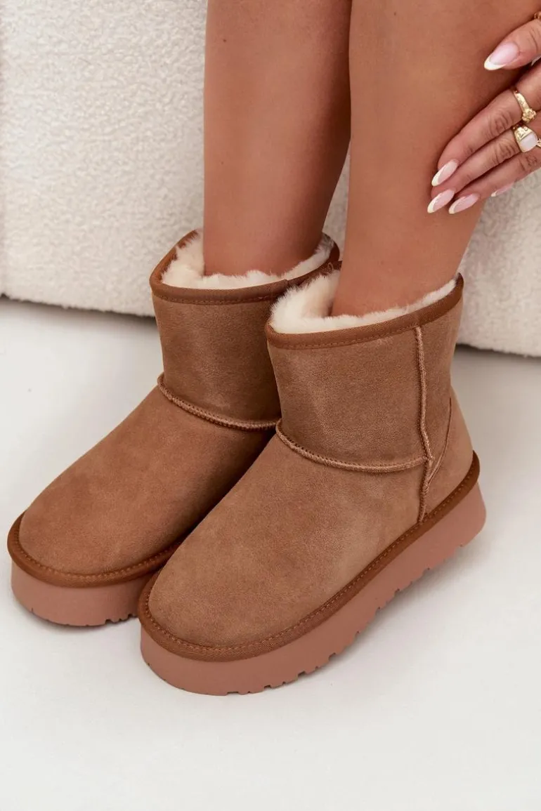 Śniegowce Damskie Z Naturalnego Zamszu Na Platformie Camel Privine