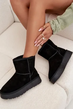 Śniegowce Damskie Z Naturalnego Zamszu Na Platformie Czarne Privine