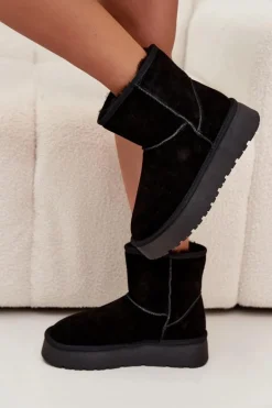 Śniegowce Damskie Z Naturalnego Zamszu Na Platformie Czarne Privine