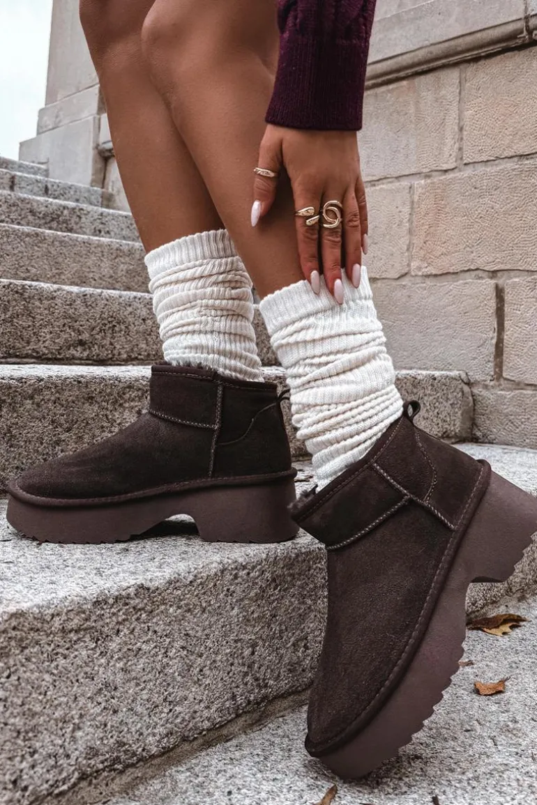 Śniegowce Damskie Z Naturalnego Zamszu Ocieplane Futerkiem Czekoladowe Milora