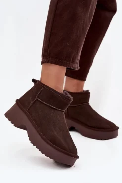 Śniegowce Damskie Z Naturalnego Zamszu Ocieplane Futerkiem Czekoladowe Milora
