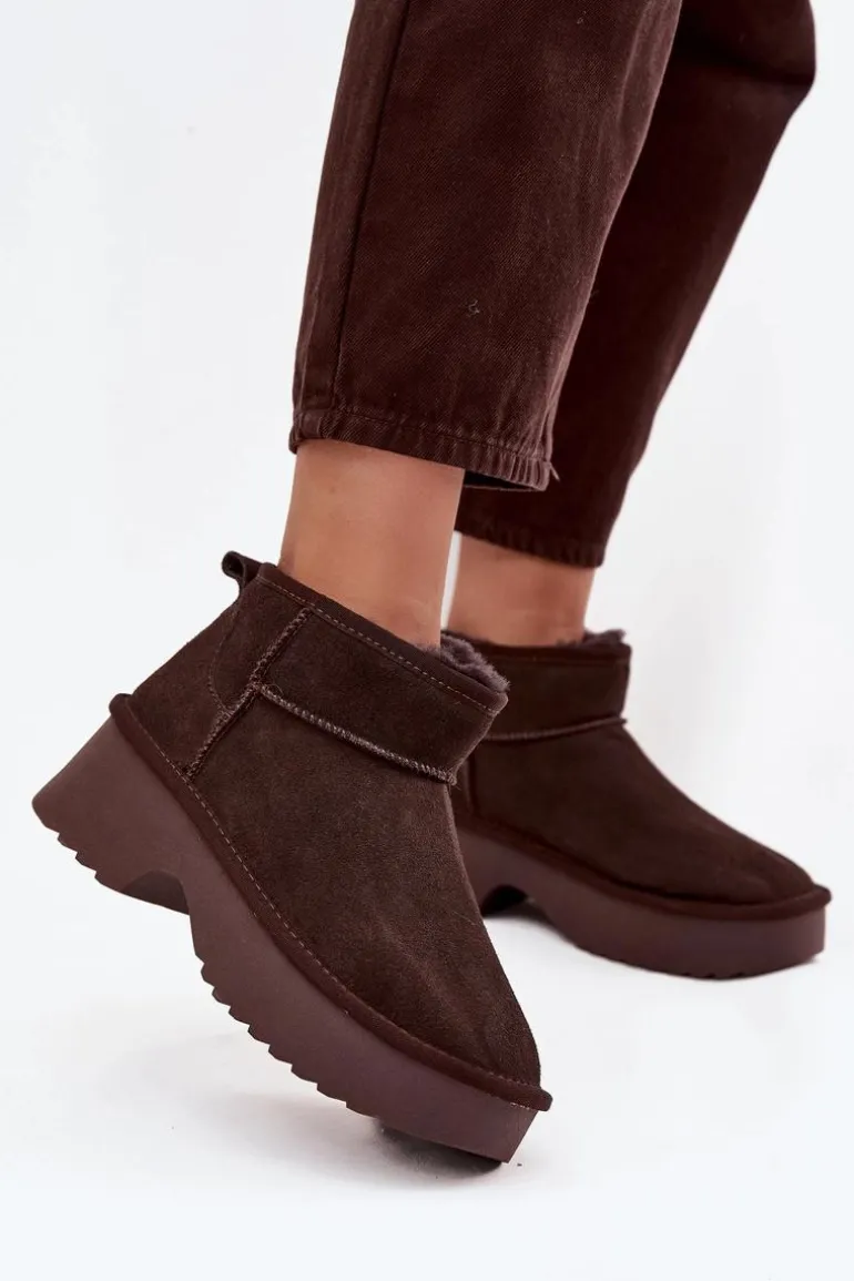 Śniegowce Damskie Z Naturalnego Zamszu Ocieplane Futerkiem Czekoladowe Milora