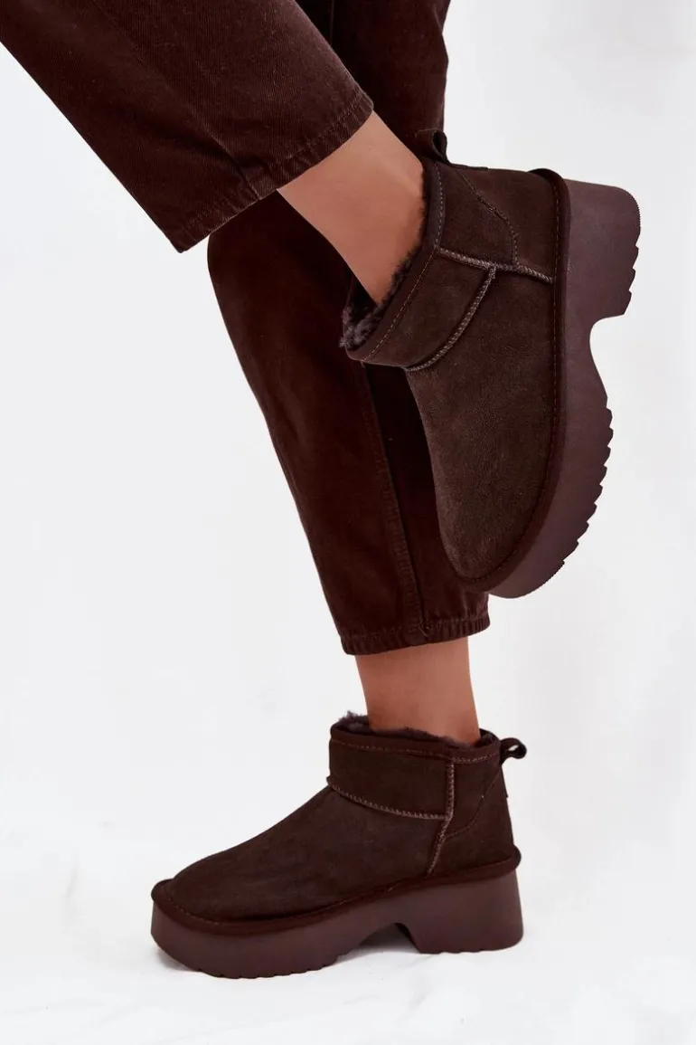 Śniegowce Damskie Z Naturalnego Zamszu Ocieplane Futerkiem Czekoladowe Milora