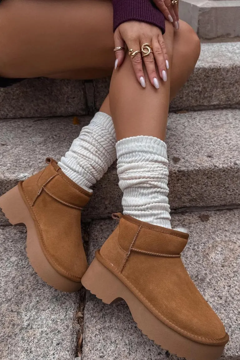 Śniegowce Damskie Z Naturalnego Zamszu Ocieplane Futerkiem Camel Milora