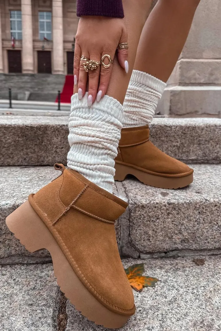 Śniegowce Damskie Z Naturalnego Zamszu Ocieplane Futerkiem Camel Milora