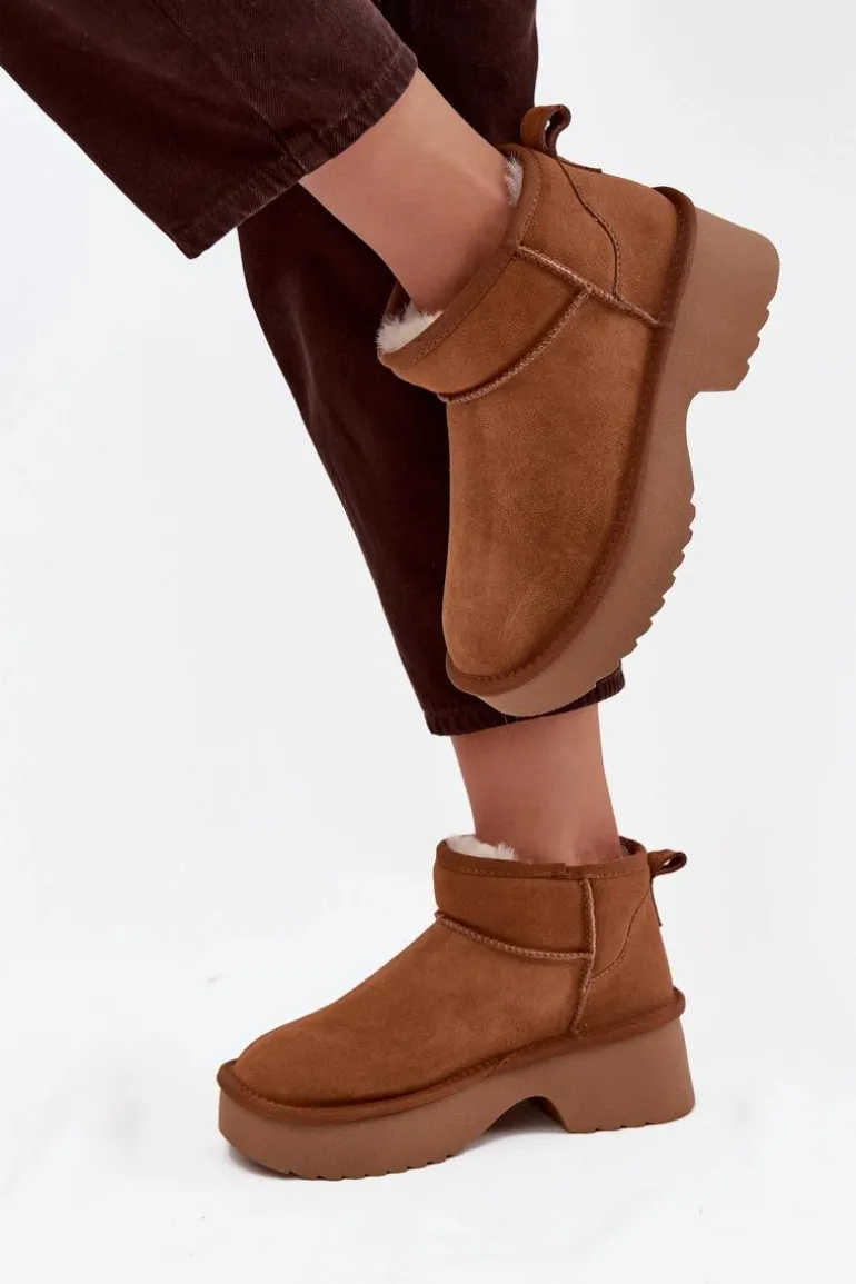 Śniegowce Damskie Z Naturalnego Zamszu Ocieplane Futerkiem Camel Milora