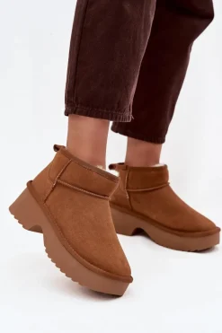 Śniegowce Damskie Z Naturalnego Zamszu Ocieplane Futerkiem Camel Milora