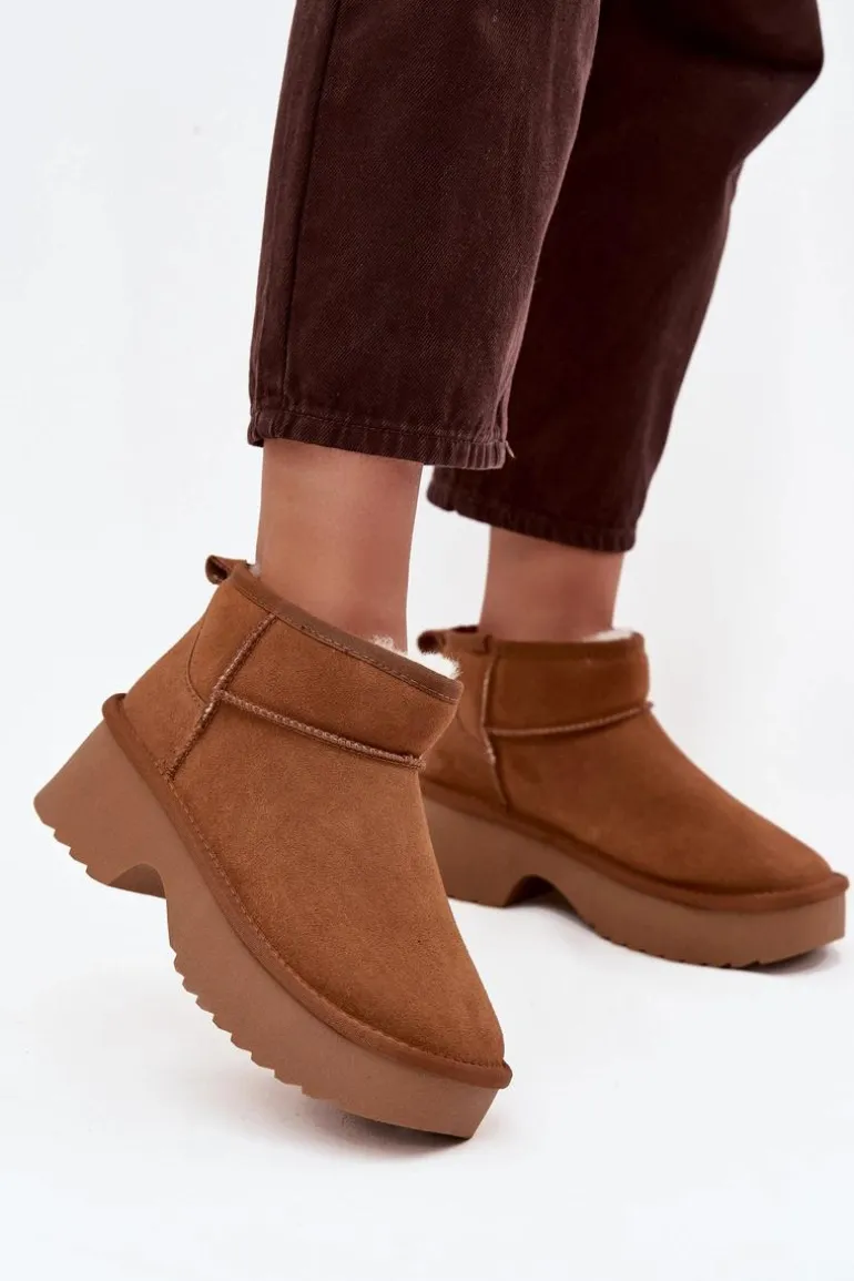 Śniegowce Damskie Z Naturalnego Zamszu Ocieplane Futerkiem Camel Milora