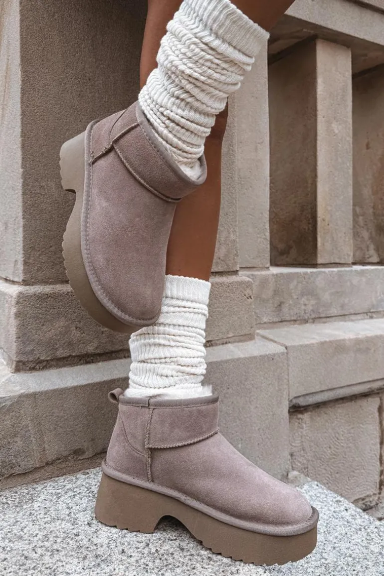 Śniegowce Damskie Z Naturalnego Zamszu Ocieplane Futerkiem Khaki Milora