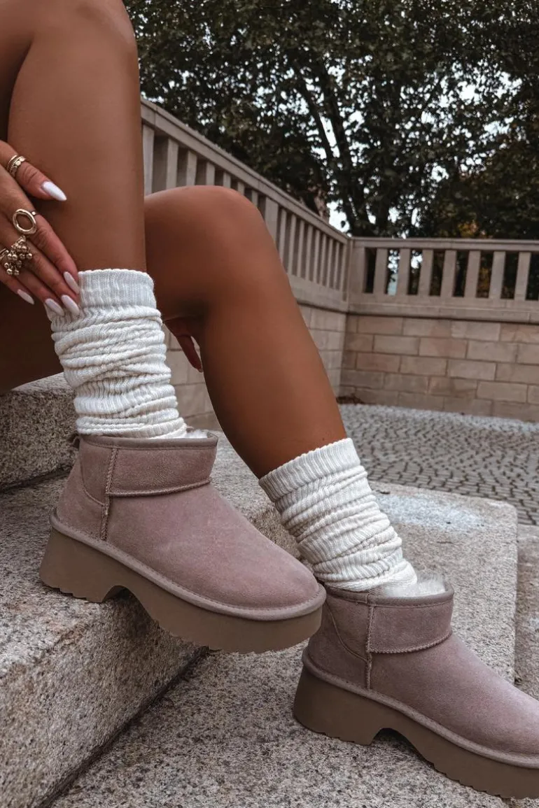 Śniegowce Damskie Z Naturalnego Zamszu Ocieplane Futerkiem Khaki Milora