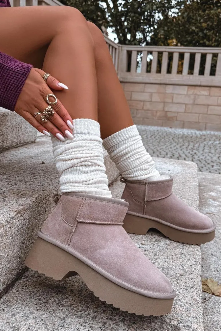 Śniegowce Damskie Z Naturalnego Zamszu Ocieplane Futerkiem Khaki Milora