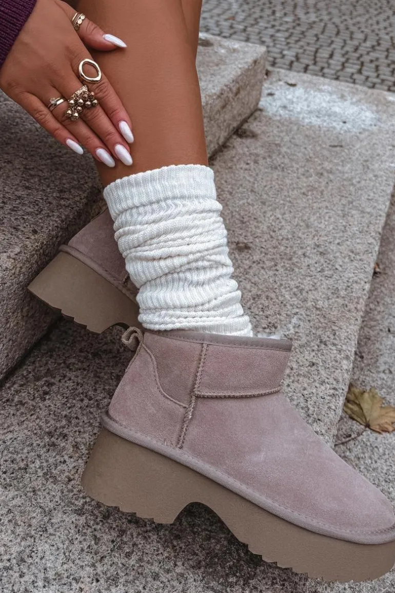 Śniegowce Damskie Z Naturalnego Zamszu Ocieplane Futerkiem Khaki Milora