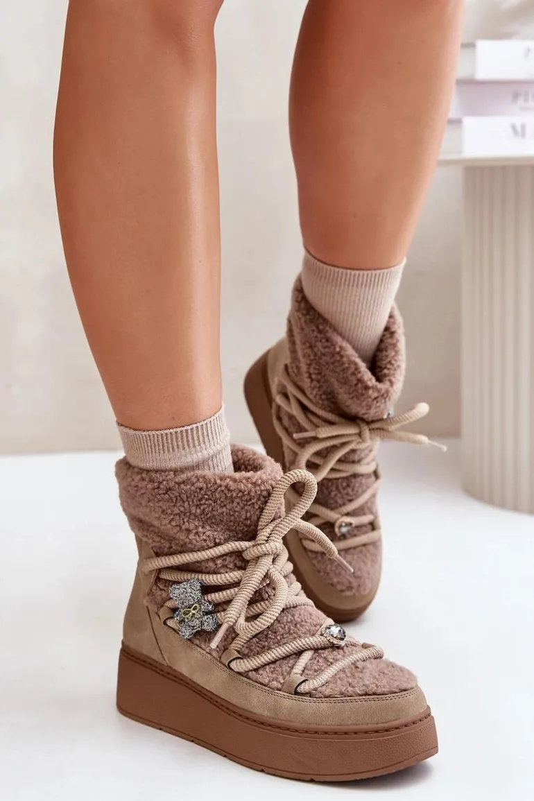 Śniegowce Damskie Z Przypinkami I Futerkiem Typu Baranek Brązowe Almatiza