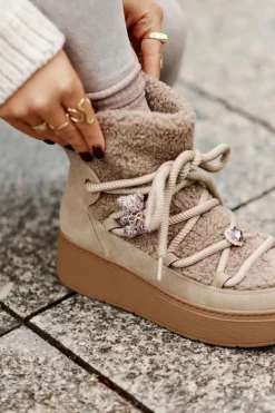 Śniegowce Damskie Z Przypinkami I Futerkiem Typu Baranek Brązowe Almatiza