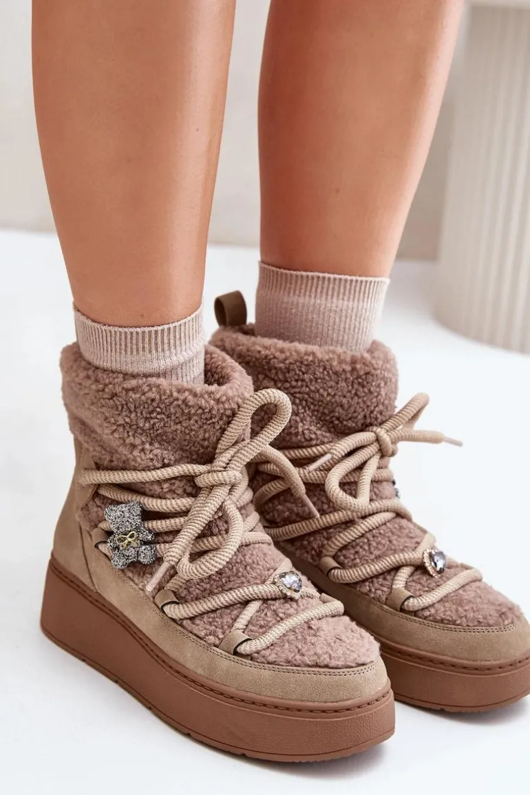 Śniegowce Damskie Z Przypinkami I Futerkiem Typu Baranek Brązowe Almatiza