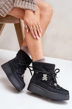 Śniegowce Damskie Z Przypinkami I Futerkiem Typu Baranek Czarne Almatiza