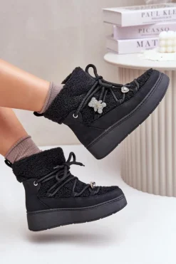 Śniegowce Damskie Z Przypinkami I Futerkiem Typu Baranek Czarne Almatiza