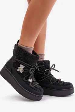 Śniegowce Damskie Z Przypinkami I Futerkiem Typu Baranek Czarne Almatiza