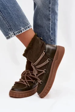 Śniegowce Damskie Z Wiązaniem Ciemnozielone Isalisse