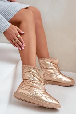 Śniegowce Damskie Ze Ściągaczem Ocieplane Futerkiem Typu Baranek Różowe Złoto Vamidra