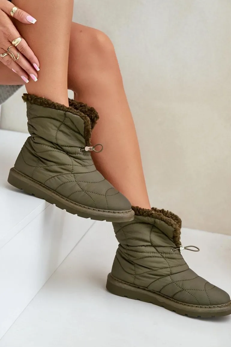 Śniegowce Damskie Ze Ściągaczem Ocieplane Futerkiem Typu Baranek Ciemnozielone Vamidra