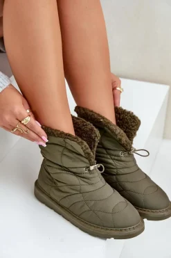 Śniegowce Damskie Ze Ściągaczem Ocieplane Futerkiem Typu Baranek Ciemnozielone Vamidra