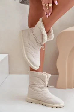 Śniegowce Damskie Ze Ściągaczem Ocieplane Futerkiem Typu Baranek Jasnobeżowe Vamidra