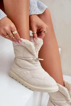 Śniegowce Damskie Ze Ściągaczem Ocieplane Futerkiem Typu Baranek Jasnobeżowe Vamidra