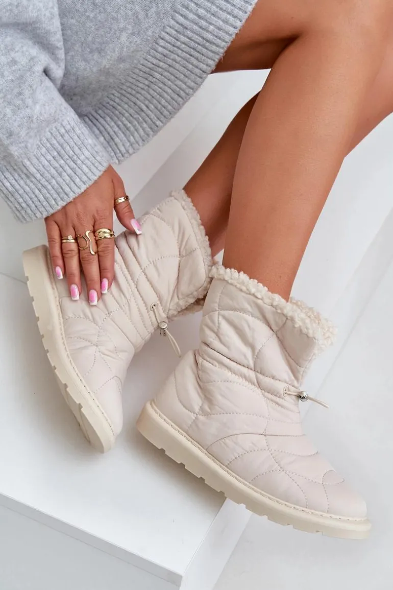 Śniegowce Damskie Ze Ściągaczem Ocieplane Futerkiem Typu Baranek Jasnobeżowe Vamidra