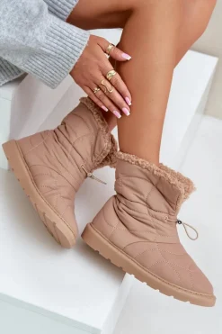 Śniegowce Damskie Ze Ściągaczem Ocieplane Futerkiem Typu Baranek Beżowe Vamidra