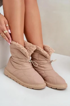 Śniegowce Damskie Ze Ściągaczem Ocieplane Futerkiem Typu Baranek Beżowe Vamidra