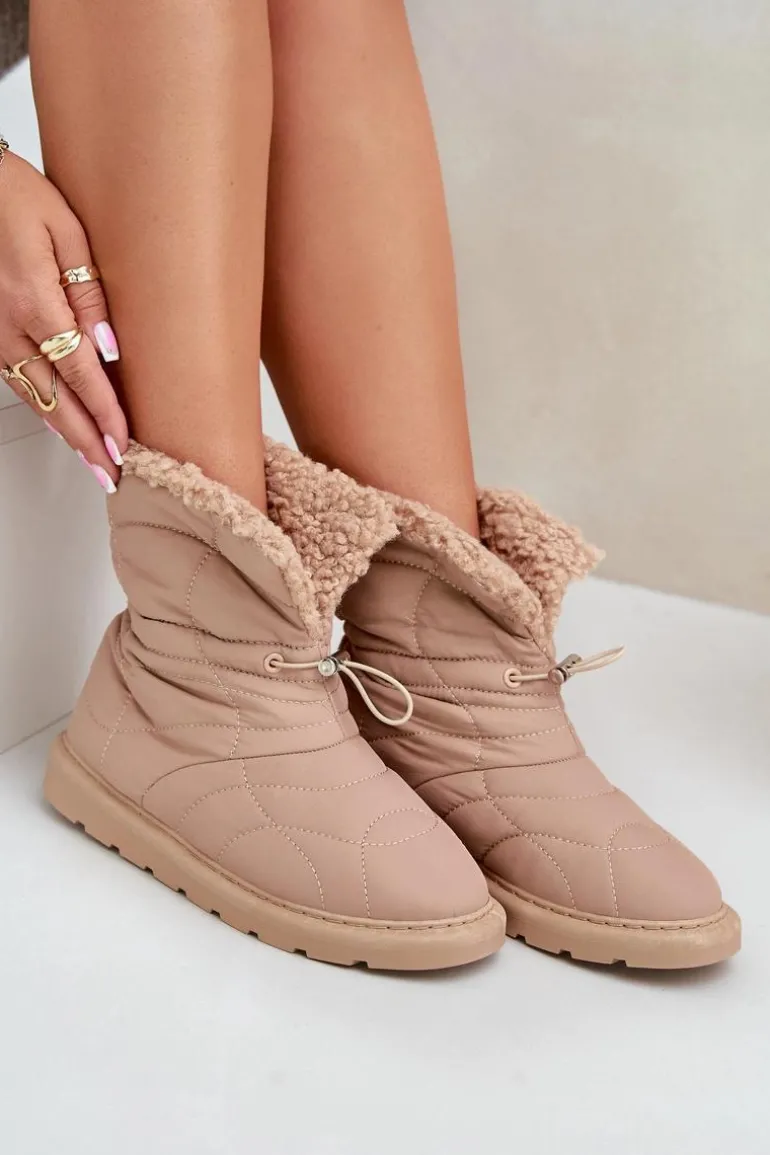 Śniegowce Damskie Ze Ściągaczem Ocieplane Futerkiem Typu Baranek Beżowe Vamidra