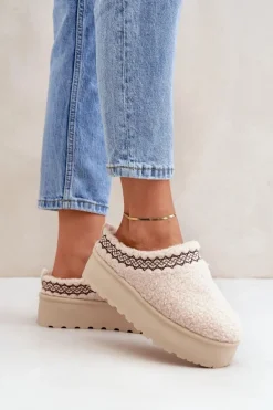 Śniegowce Kapcie Na Platformie Z Futerkiem Typu Baranek Jasnobeżowe Leaniella