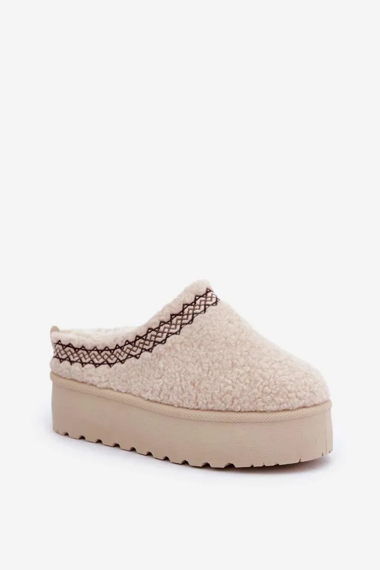 Śniegowce Kapcie Na Platformie Z Futerkiem Typu Baranek Jasnobeżowe Leaniella