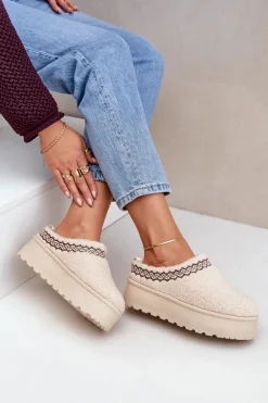 Śniegowce Kapcie Na Platformie Z Futerkiem Typu Baranek Jasnobeżowe Leaniella