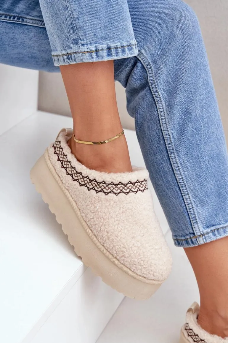 Śniegowce Kapcie Na Platformie Z Futerkiem Typu Baranek Jasnobeżowe Leaniella