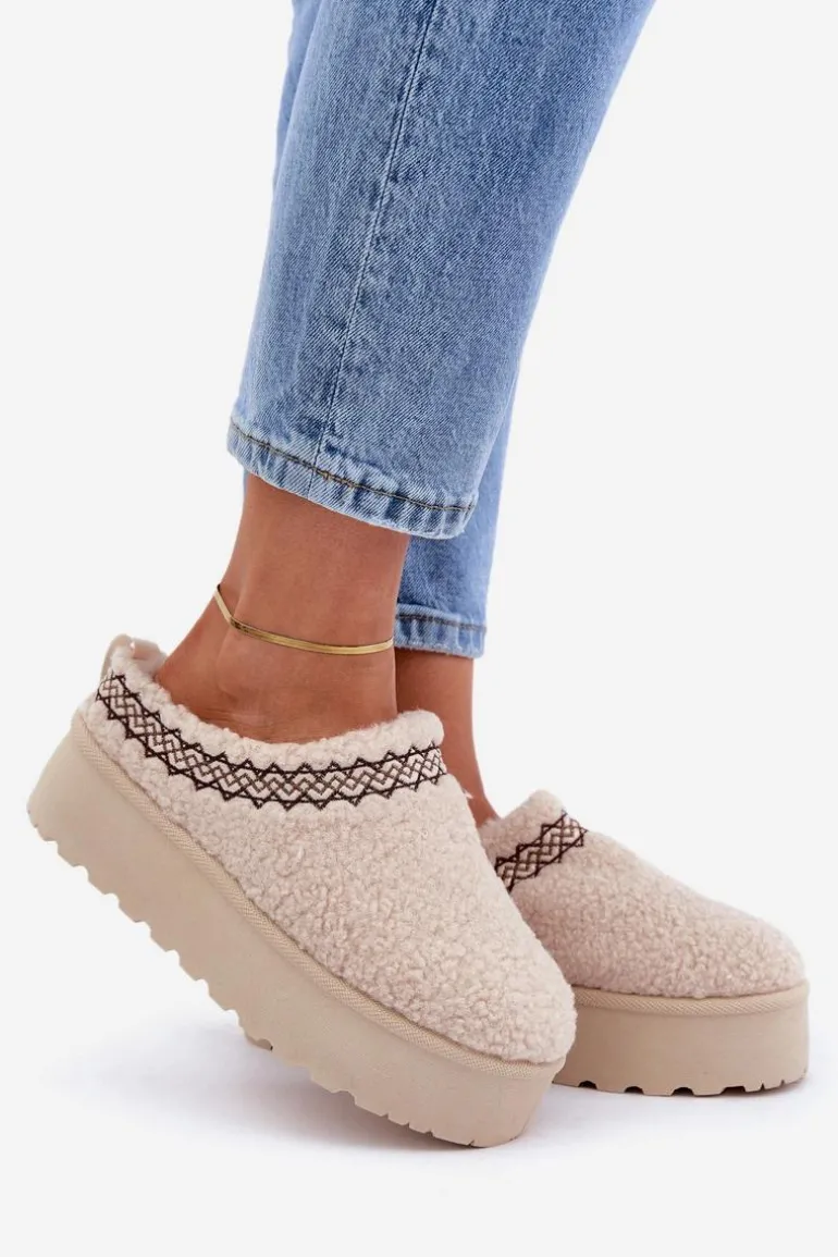 Śniegowce Kapcie Na Platformie Z Futerkiem Typu Baranek Jasnobeżowe Leaniella