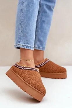 Śniegowce Kapcie Na Platformie Z Futerkiem Typu Baranek Camel Ovirissa