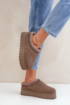 Śniegowce Kapcie Na Platformie Z Futerkiem Typu Baranek Brązowe Ovirissa